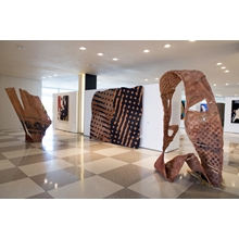 Lone   Survivor   of   a   Sea   Crossing
Iron, cane mat, mortar, pigments.
cm. 160 x 270 x 80

Ngugi Wa Thiongo (Kenya),

Crossroad  of  Desert  and  Fertility
mortar, pigments on curved and shaped wooden panel
Two panels each: cm. 155 x 255 x 15

Totem   o f   a   Vanished   People
Iron, cane mat, mortar, pigments
Cm. 150 x 270 x 80

