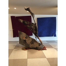 Red  Earth
curved and shaped wooden panel,
 lime mortar, pigments
cm.180 x 180 x 10.

Cobalt  Blue  Ocean
curved and shaped wooden panel, 
lime mortar, pigments
Cm.180 x 180 x 10.

Rising   from   the   Ashes
Iron, cane mat, mortar, pigments
cm. 240 x 150 x 50

