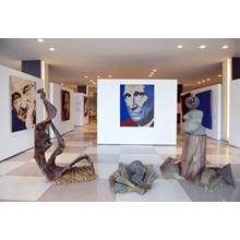 Edgar Morin (France);
Okot p-Bitek (Uganda)
Sebastiao Salgado (Brazil), 
Fresco with mortar, pigments 
on wooden panel.
Cm. 160 x 130 x 5 each.

Pondering   Human   Fate
Wood, cane mat, cloth, mortar, pigments
cm. 170 x 80 x 60
