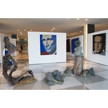 Sebastiao Salgado (Brazil), 
Satyaji Ray (India), 
Fresco with mortar, pigments 
on wooden panel.
Cm. 160 x 130 x 5 each.

Pondering   Human   Fate
Wood, cane mat, cloth, mortar, pigments
cm. 170 x 80 x 60

