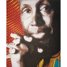 Ngugi Wa Thiong’o (Kenya)

Fresco with mortar, pigments 
on wooden panel.
Cm. 160 x 130 x 5 

Acclaimed novelist, essayist, playwright, journalist, social activist, he portrays the arc of Africa's fragmentation and restoration amidst the global history of colonialism and modernity. In his view, a renaissance of African languages is a necessary step in the restoration of African wholeness.

This remarkable artist of the written word burst onto the literary scene in East Africa with the performance of his first play, The Black Hermit, at the National Theatre in Kampala, Uganda, in 1962.  His novel form of theatre sought to liberate the theatrical process by encouraging spontaneity and audience participation.
 
He decided to abandon English as his primary language of creative writing and committed himself to writing in Gikuyu, his mother tongue. Sharply critical of the injustices of Kenyan society, he was imprisoned in December 1977.  Amnesty International named him a Prisoner of Conscience and when he was released, he fled into exile, first to Britain and then to the U.S. where he taught at Yale and New York University.  Among his many works, translated in more than thirty languages, his classic Matigari stands out as well the colonial-era memoirs Dreams in a Time of War. His recent novel, Wizard of the Crow, considered a masterpiece, is a sweeping satire laced with magic realism.
