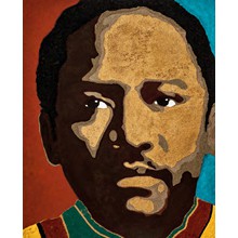 Okot p’Bitek (Uganda)

Fresco with mortar, pigments 
on wooden panel.
Cm. 160 x 130 x 5 

Poet, novelist, and social anthropologist, he achieved wide recognition in the 1960s for Song of Lawino, described as a landmark of African literature. He wrote in his Acoli language with its poetic traditions, and then self-translated the works into English. The Okot School of Poetry or East African Song School which he founded, was exemplified by forceful dramatic verse monologue rooted in traditional song and words.
	
He was also a great composer, singer, and a noted athlete who participated to the 1956 Olympic games in the Ugandan national football team just before beginning his university education at Oxford University. 

P’Bitek then taught at Makerere University in Kampala while serving as Director of Uganda's National Theatre. His works satirized western influences, dramatically raising the debate about the neo-colonial mentality among the new African privileged class. He hoped for Africans to renew traditional ways, while acting as defenders of their culture.

His unpopularity with the Ugandan government, during the regime of Idi Amin, forced him to live in exile until 1982. He passed away that same year. His songs and writings about the Acoli philosophy of life have a single-minded purpose: to counter Western ethnography and to put Africans at the center of the discourse.
