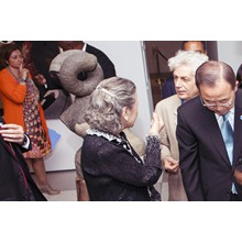 Mrs.Ban Ki-moon in conversation with fresco painter and curator  Fabrizio Ruggiero at the opening of the exhibit " The transformative Power of Art" at United Nations Visitors Lobby, New York. 30 June   2015.